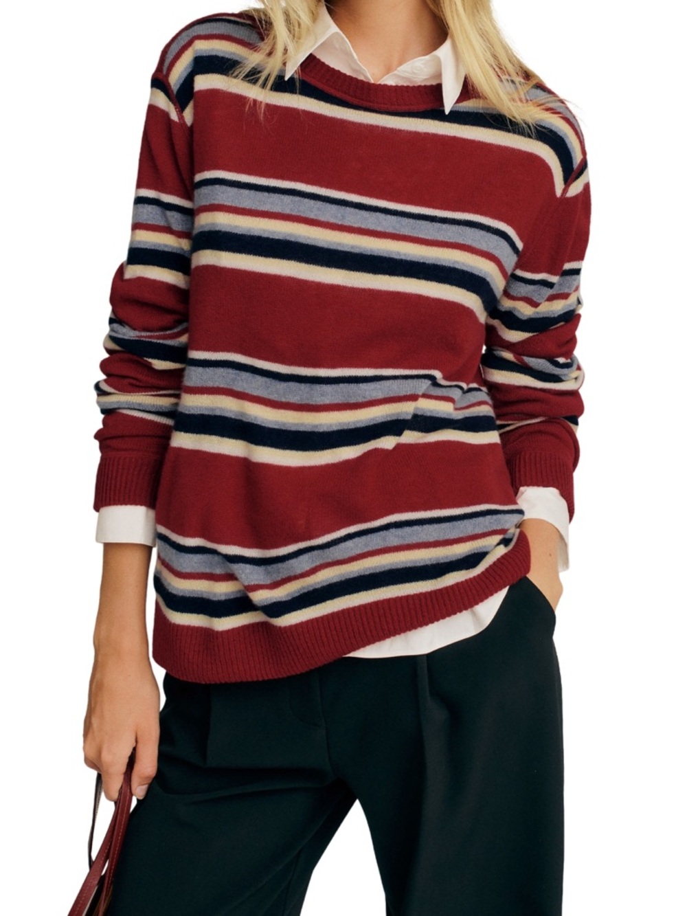 Reformation Cashmere Boyfriend Sweater Striped Red Blue Cream Crew Neck M - Picture 2 of 8